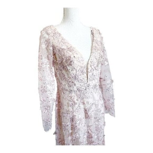 NWT MAC DUGGAL 70224 Pink Floral Applique Long Sleeve Illusion Gown Pink Size 8 - Picture 7 of 15